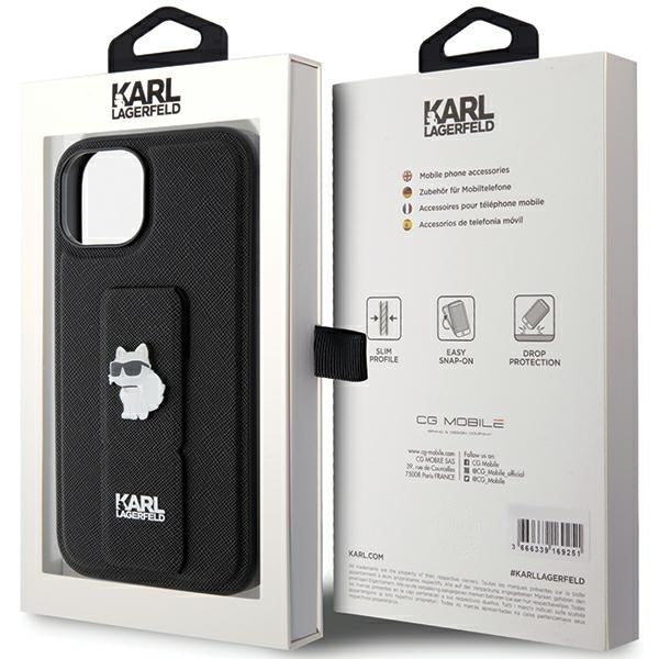 MagSafe Case for Apple iPhone 15 Plus, Karl Lagerfeld, Saffiano Gripstand Choupette, Black