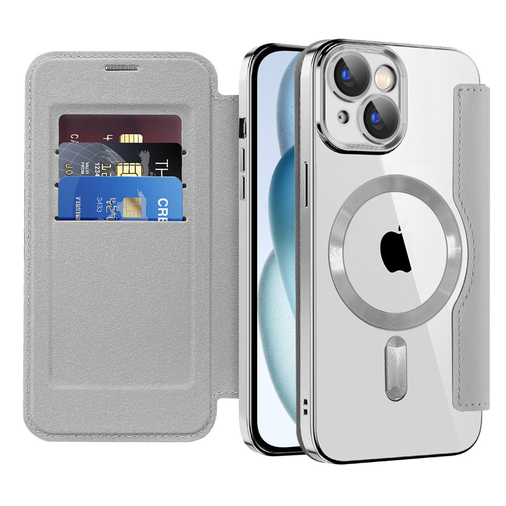 Coque MagSafe pour Apple iPhone 15 Plus, Techsuit, SmartMag Book, Gris