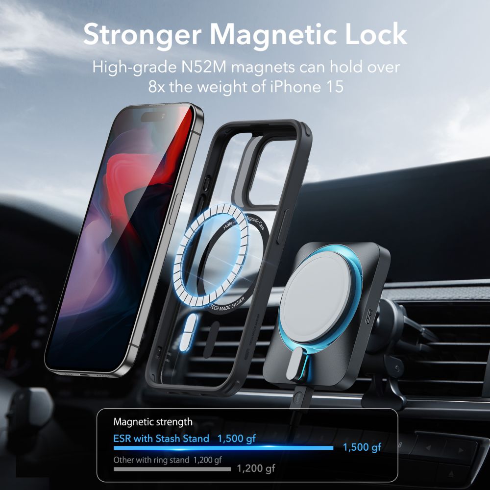 MagSafe Hülle für Apple iPhone 15 Pro, ESR, Classic Hybrid Kickstand, Schwarz Transparent
