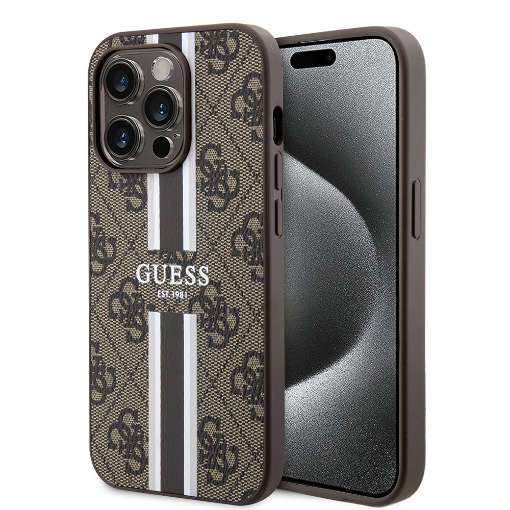 MagSafe hoesje voor Apple iPhone 15 Pro, Guess, 4G Printed Stripes, Bruin