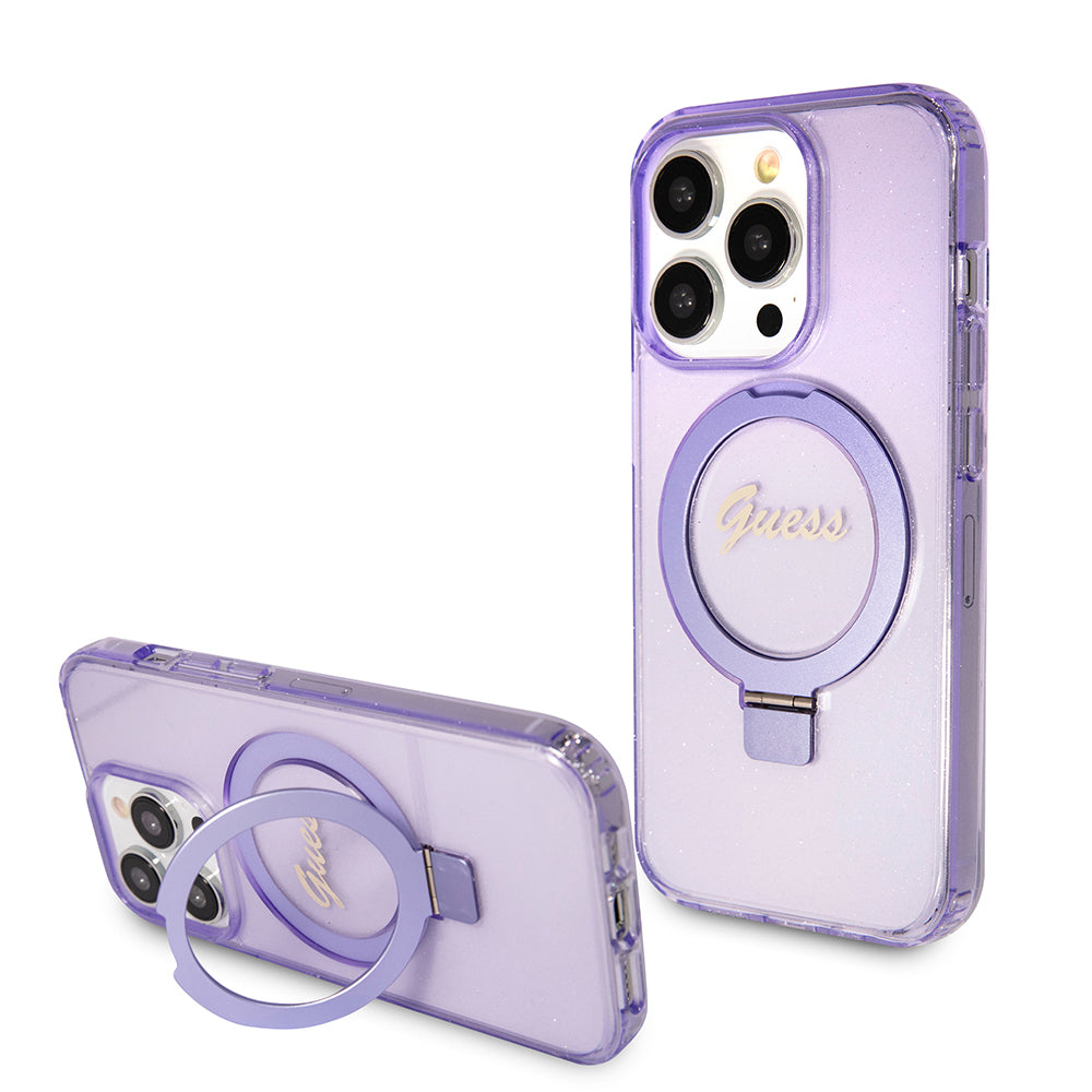 MagSafe hoes voor Apple iPhone 15 Pro, Guess, IML Ring Stand Glitter, Paars