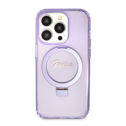 MagSafe hoes voor Apple iPhone 15 Pro, Guess, IML Ring Stand Glitter, Paars