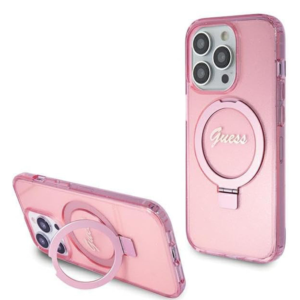 MagSafe hoes voor Apple iPhone 15 Pro, Guess, IML Ring Stand Glitter, Roze