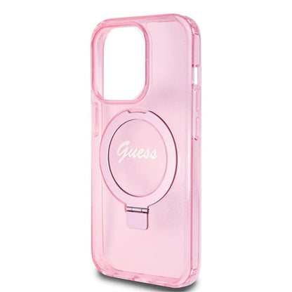 MagSafe hoes voor Apple iPhone 15 Pro, Guess, IML Ring Stand Glitter, Roze