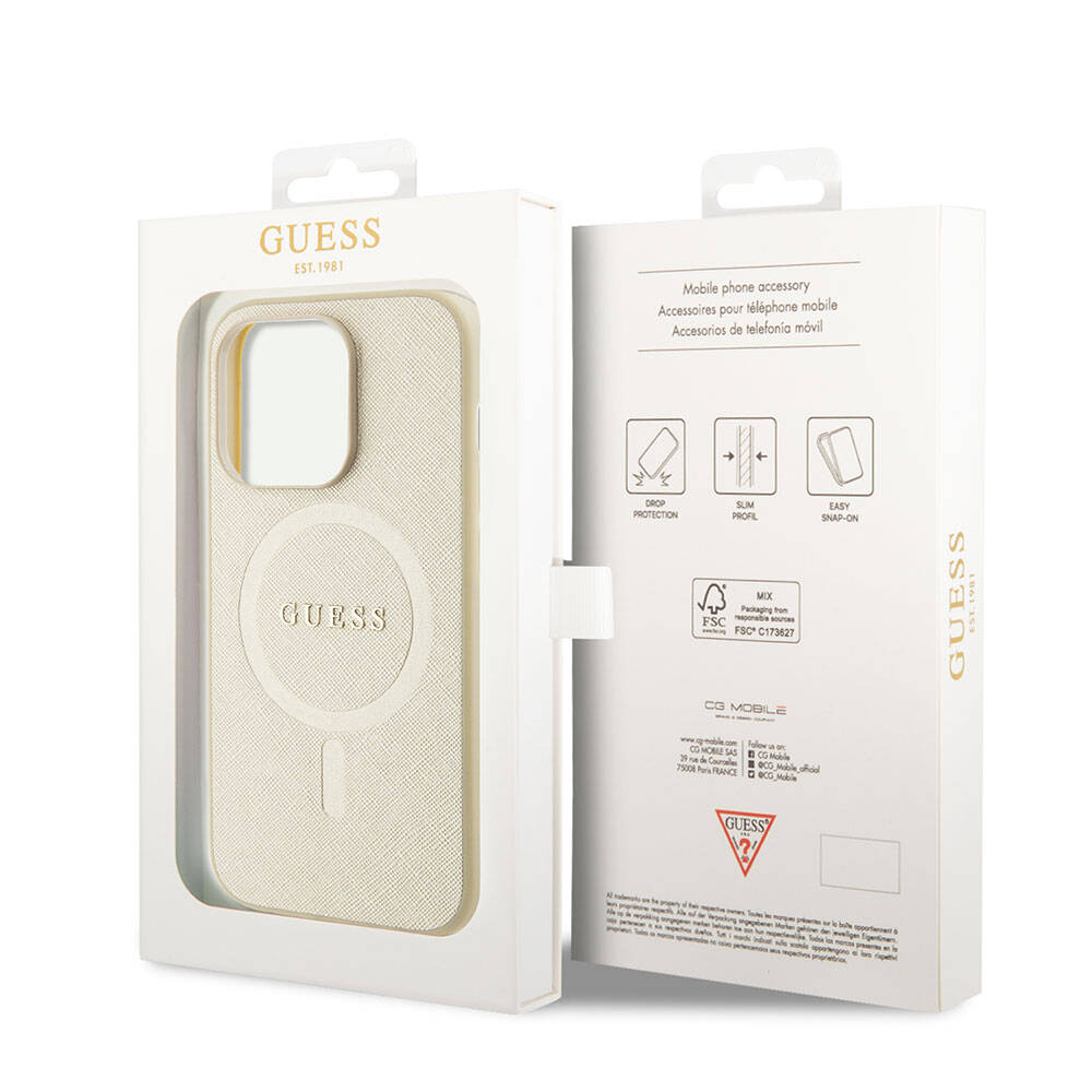 Étui MagSafe pour Apple iPhone 15 Pro, Guess, Saffiano, Beige