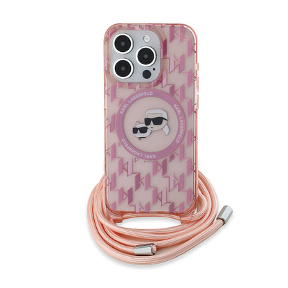 Étui MagSafe pour Apple iPhone 15 Pro, Karl Lagerfeld, IML Crossbody Monogramme Karl & Choupette's Heads, Rose