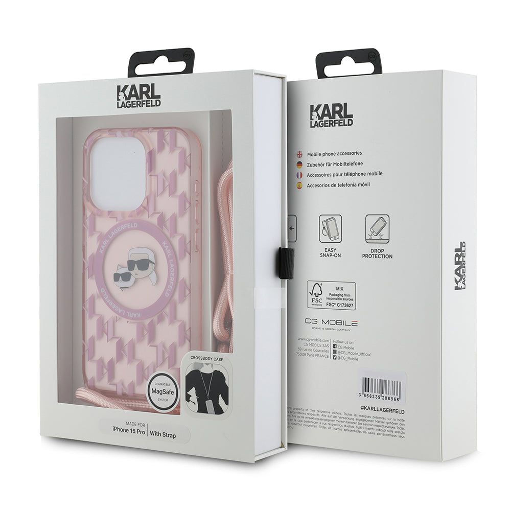 Étui MagSafe pour Apple iPhone 15 Pro, Karl Lagerfeld, IML Crossbody Monogramme Karl & Choupette's Heads, Rose