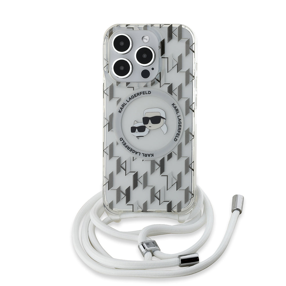 Étui MagSafe pour Apple iPhone 15 Pro, Karl Lagerfeld, IML Crossbody Monogramme Karl & Têtes de Choupette, Transparent