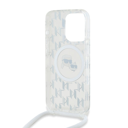 Étui MagSafe pour Apple iPhone 15 Pro, Karl Lagerfeld, IML Crossbody Monogramme Karl & Têtes de Choupette, Transparent