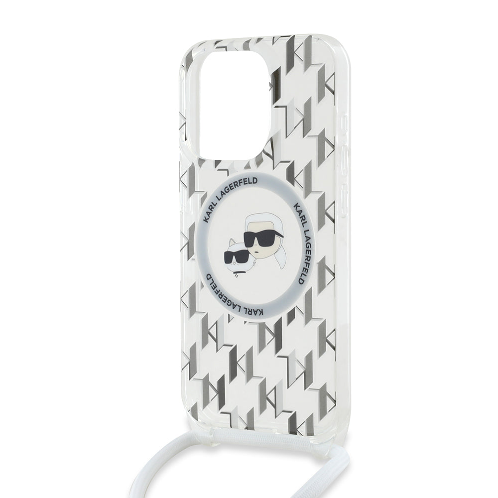 Étui MagSafe pour Apple iPhone 15 Pro, Karl Lagerfeld, IML Crossbody Monogramme Karl & Têtes de Choupette, Transparent