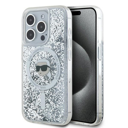 Coque MagSafe pour Apple iPhone 15 Pro, Karl Lagerfeld, Liquid Glitter Karl's Head, Transparente