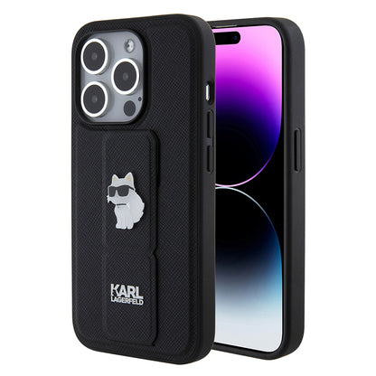 Étui MagSafe pour Apple iPhone 15 Pro, Karl Lagerfeld, Saffiano Gripstand Choupette, Noir