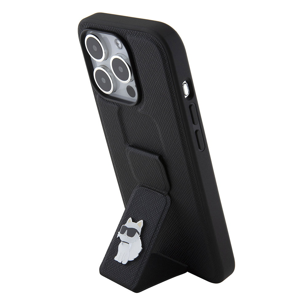 Étui MagSafe pour Apple iPhone 15 Pro, Karl Lagerfeld, Saffiano Gripstand Choupette, Noir