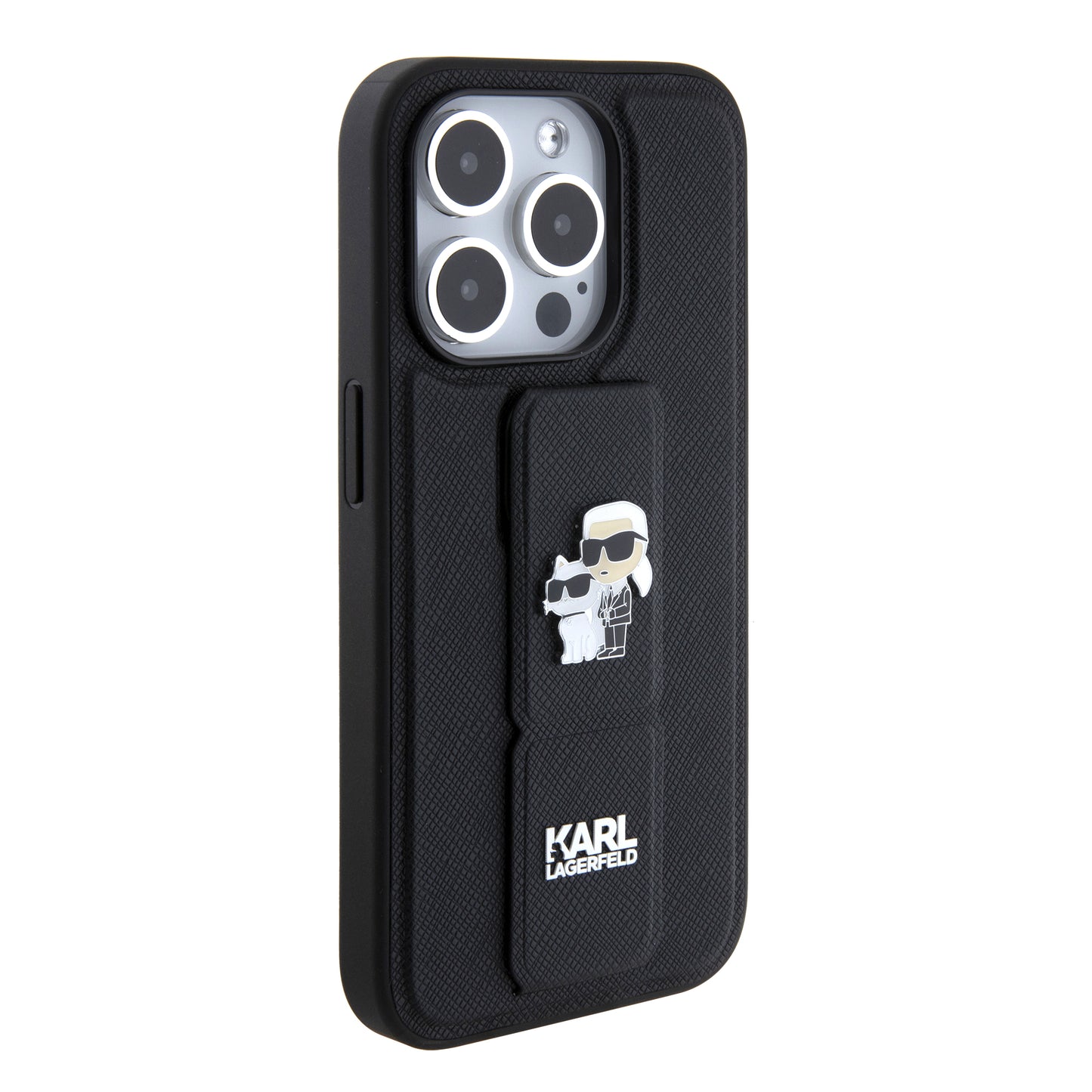 MagSafe Hülle für Apple iPhone 15 Pro, Karl Lagerfeld, Saffiano Gripstand Karl & Choupette, Schwarz
