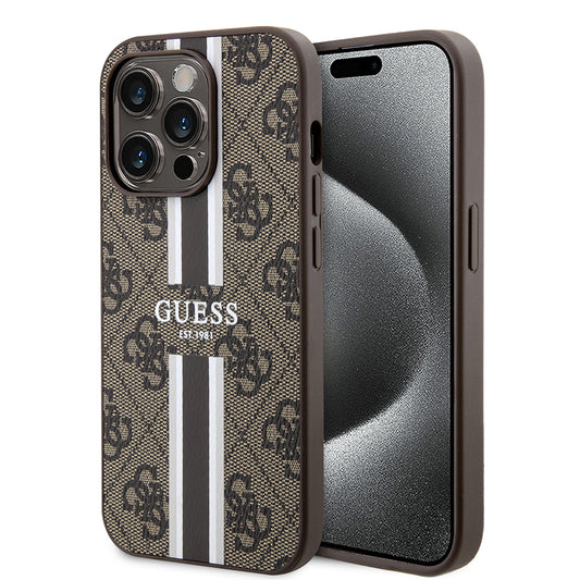 MagSafe Case for Apple iPhone 15 Pro Max, Guess, 4G Printed Stripes, Brown
