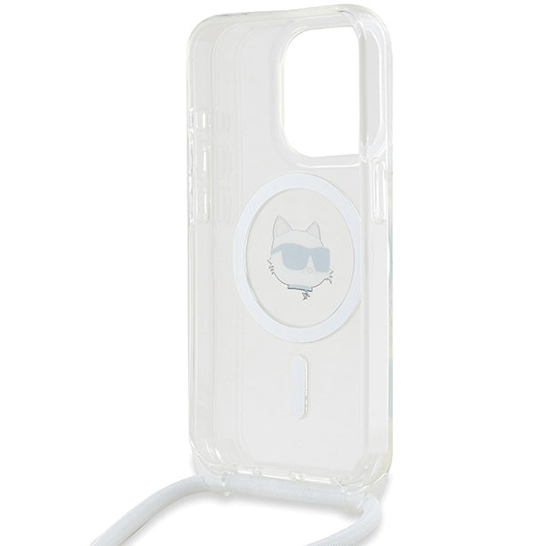 MagSafe hoes voor Apple iPhone 15 Pro Max, Karl Lagerfeld, IML Crossbody Choupette's Head with Strap, Transparant