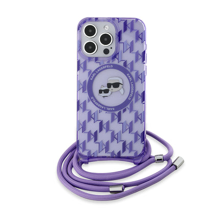 MagSafe hoesje voor Apple iPhone 15 Pro Max, Karl Lagerfeld, IML Crossbody Monogram Karl & Choupette's Heads, Paars