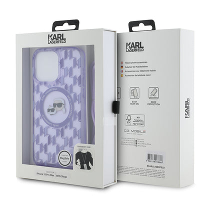 MagSafe hoesje voor Apple iPhone 15 Pro Max, Karl Lagerfeld, IML Crossbody Monogram Karl & Choupette's Heads, Paars