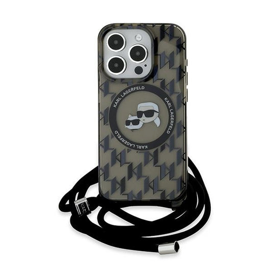 Étui MagSafe pour Apple iPhone 15 Pro Max, Karl Lagerfeld, IML Crossbody Monogram Karl & Choupette's Heads, Noir.