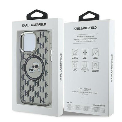 Coque MagSafe pour Apple iPhone 15 Pro Max, Karl Lagerfeld, IML Monogramme Karl & Choupette's Heads, Noire
