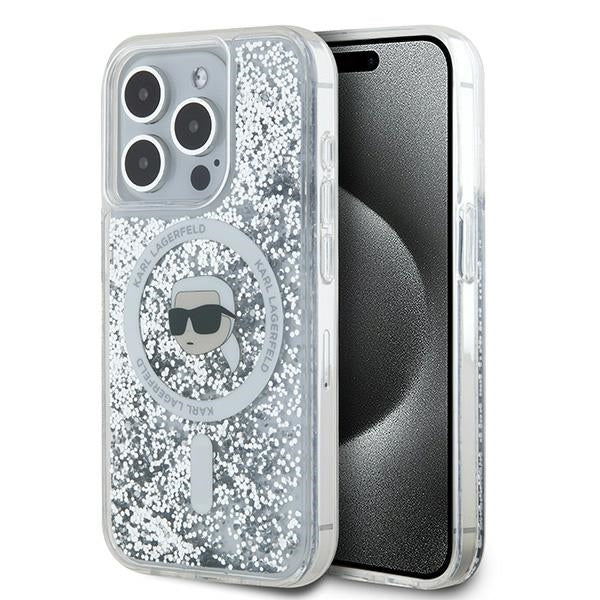 Coque MagSafe pour Apple iPhone 15 Pro Max, Karl Lagerfeld, Liquid Glitter Karl's Head, Transparente