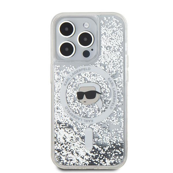 Coque MagSafe pour Apple iPhone 15 Pro Max, Karl Lagerfeld, Liquid Glitter Karl's Head, Transparente