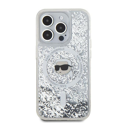 Coque MagSafe pour Apple iPhone 15 Pro Max, Karl Lagerfeld, Liquid Glitter Karl's Head, Transparente