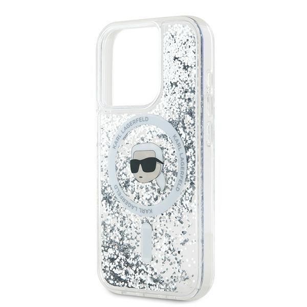 Coque MagSafe pour Apple iPhone 15 Pro Max, Karl Lagerfeld, Liquid Glitter Karl's Head, Transparente