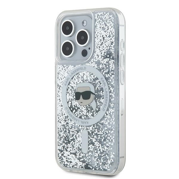 Coque MagSafe pour Apple iPhone 15 Pro Max, Karl Lagerfeld, Liquid Glitter Karl's Head, Transparente