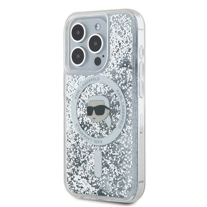 Coque MagSafe pour Apple iPhone 15 Pro Max, Karl Lagerfeld, Liquid Glitter Karl's Head, Transparente