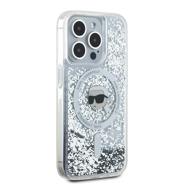 Coque MagSafe pour Apple iPhone 15 Pro Max, Karl Lagerfeld, Liquid Glitter Karl's Head, Transparente