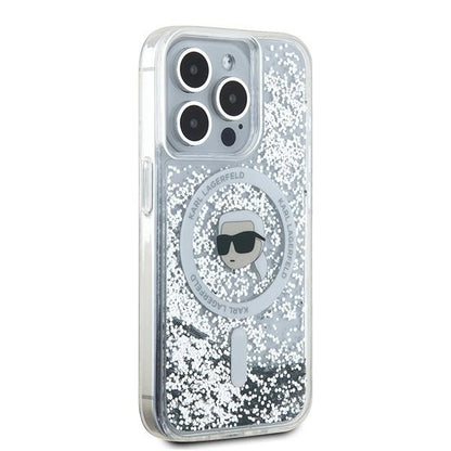 Coque MagSafe pour Apple iPhone 15 Pro Max, Karl Lagerfeld, Liquid Glitter Karl's Head, Transparente