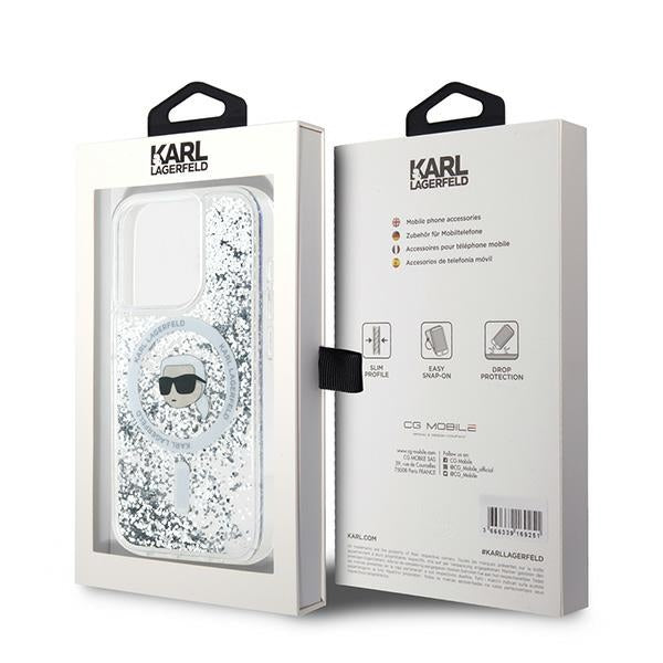 Coque MagSafe pour Apple iPhone 15 Pro Max, Karl Lagerfeld, Liquid Glitter Karl's Head, Transparente