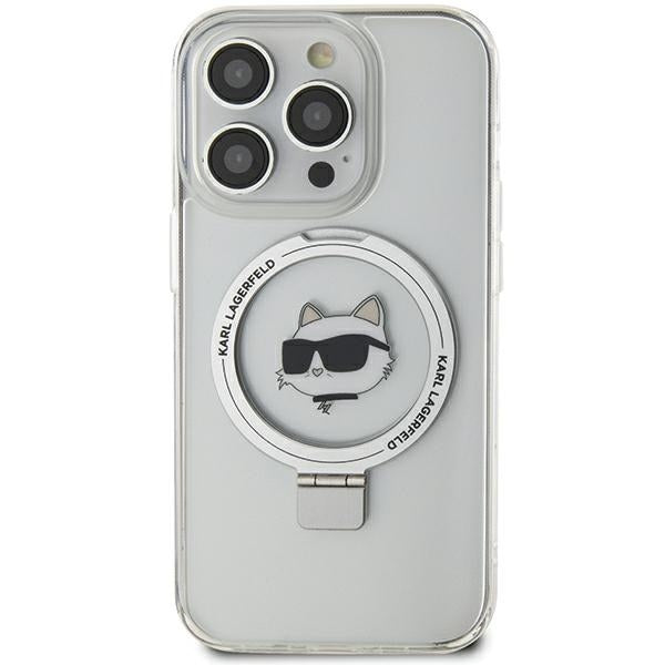 Coque MagSafe pour Apple iPhone 15 Pro Max, Karl Lagerfeld, Ring Stand Choupette's Head, Blanche