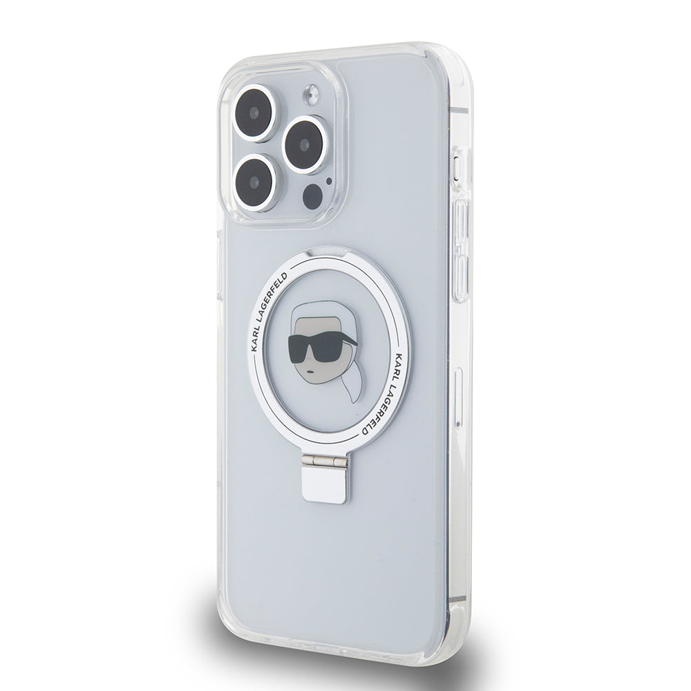 MagSafe hoes voor Apple iPhone 15 Pro Max, Karl Lagerfeld, Ring Stand Karl's Head, Wit