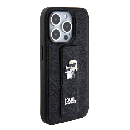 MagSafe hoesje voor Apple iPhone 15 Pro Max, Karl Lagerfeld, Saffiano Gripstand Karl & Choupette, Zwart