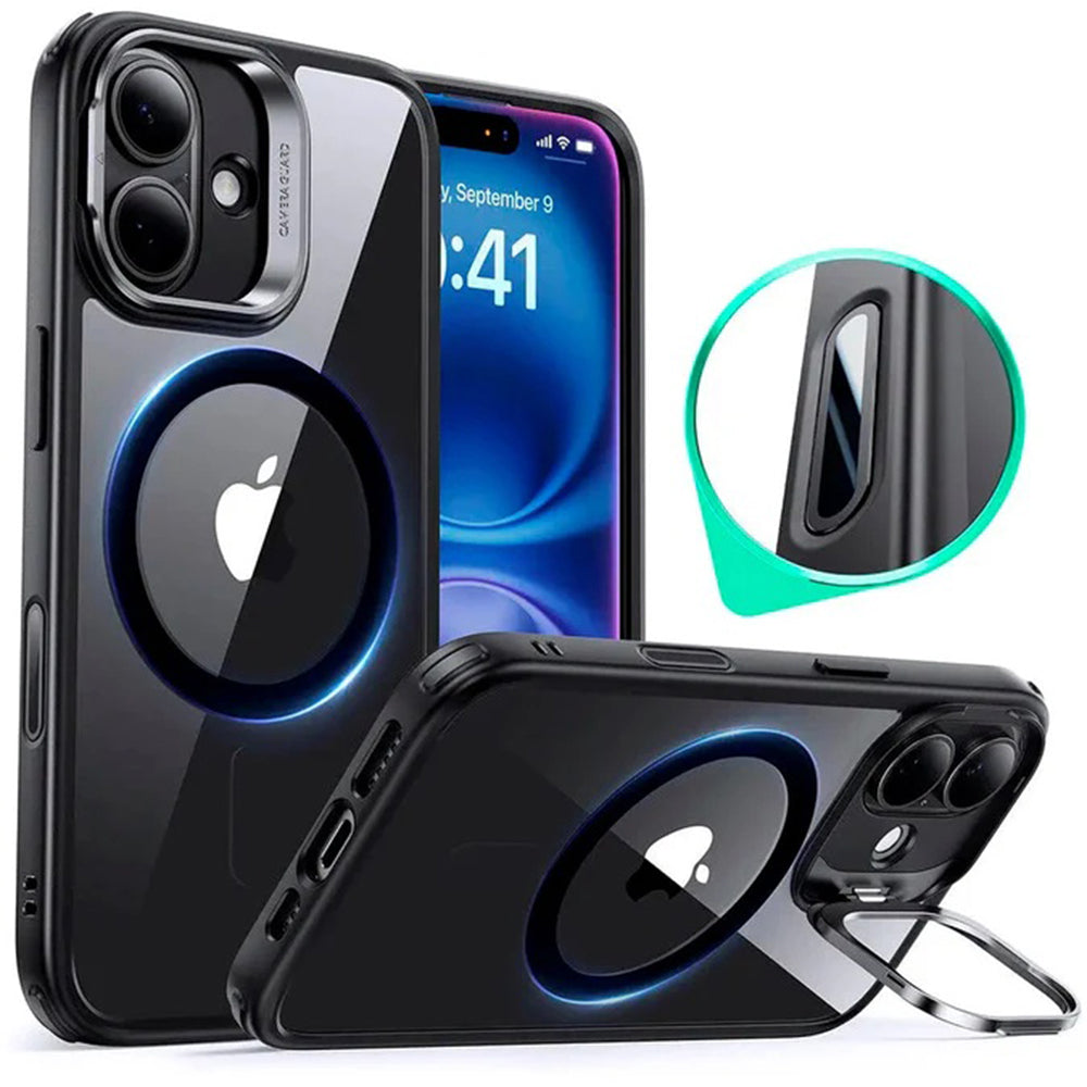 MagSafe Hülle für Apple iPhone 16, ESR, Classic Hybrid Kickstand Slide, Schwarz Transparent