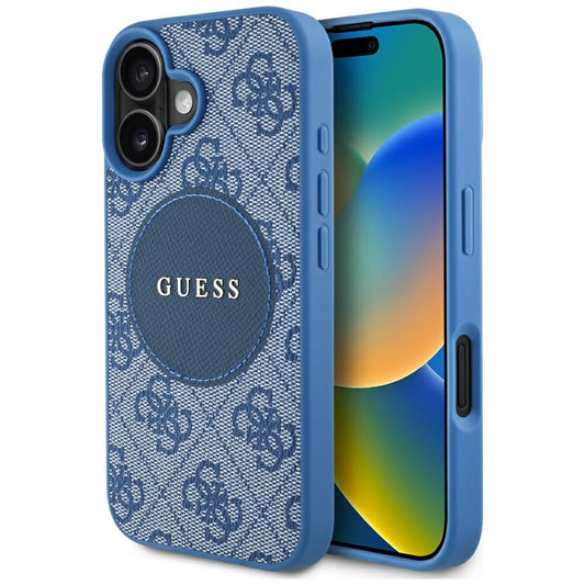 Coque MagSafe pour Apple iPhone 16, Guess, 4G Circle Classic Logo, Bleue