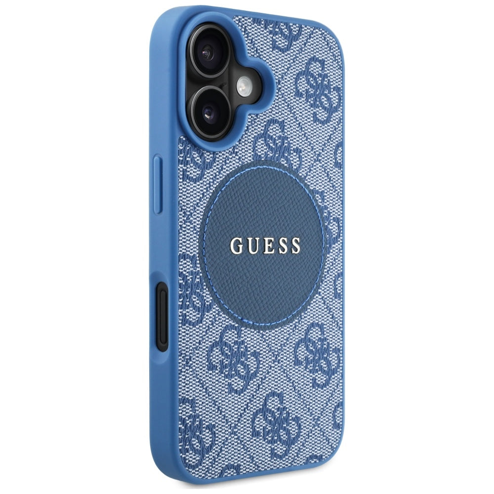 Coque MagSafe pour Apple iPhone 16, Guess, 4G Circle Classic Logo, Bleue