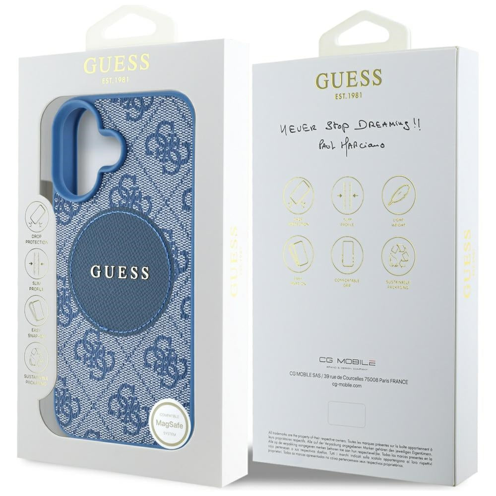 Coque MagSafe pour Apple iPhone 16, Guess, 4G Circle Classic Logo, Bleue