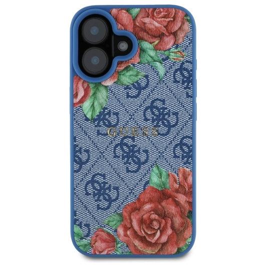 Coque MagSafe pour Apple iPhone 16, Guess, Imprimé Fleurs 4G, Bleue