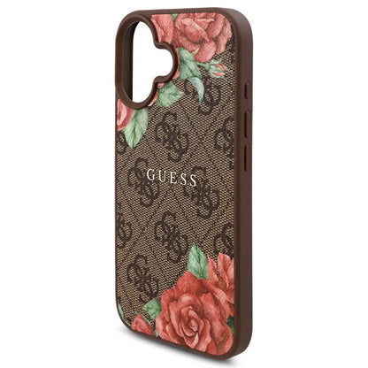 Coque MagSafe pour Apple iPhone 16, Guess, Imprimé Fleurs 4G, Marron
