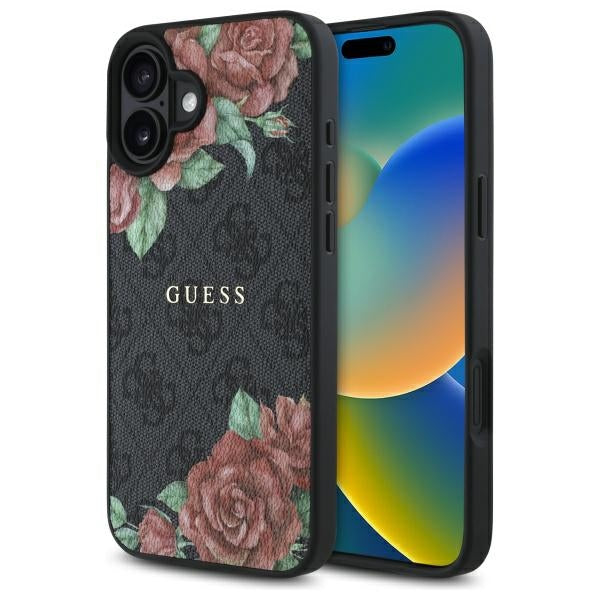 Coque MagSafe pour Apple iPhone 16, Guess, Imprimé Fleurs 4G, Noire