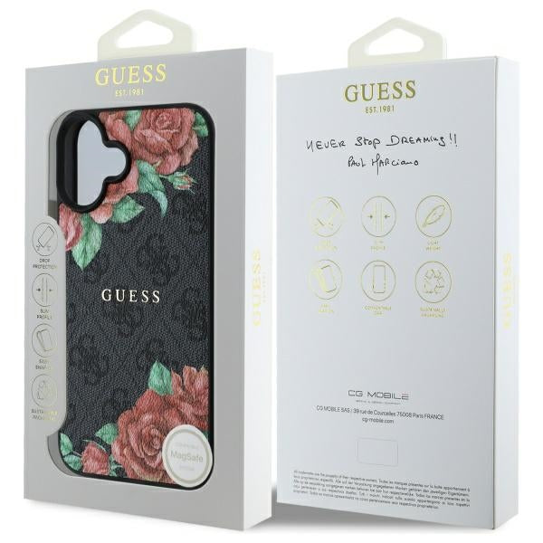 Coque MagSafe pour Apple iPhone 16, Guess, Imprimé Fleurs 4G, Noire