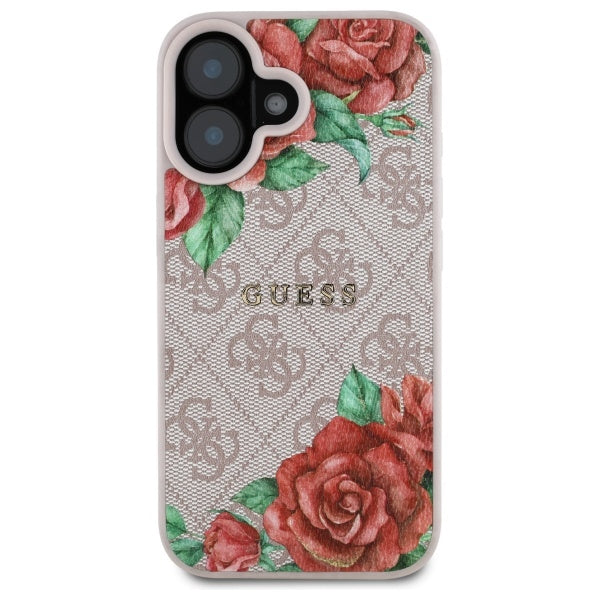 Coque MagSafe pour Apple iPhone 16, Guess, Imprimé Fleurs 4G, Rose