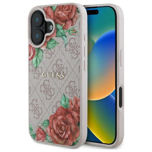 Coque MagSafe pour Apple iPhone 16, Guess, Imprimé Fleurs 4G, Rose