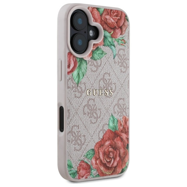Coque MagSafe pour Apple iPhone 16, Guess, Imprimé Fleurs 4G, Rose