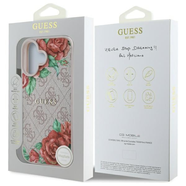 Coque MagSafe pour Apple iPhone 16, Guess, Imprimé Fleurs 4G, Rose