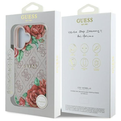 Coque MagSafe pour Apple iPhone 16, Guess, Imprimé Fleurs 4G, Rose