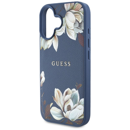 Coque MagSafe pour Apple iPhone 16, Guess, Grained Flowers, Bleue